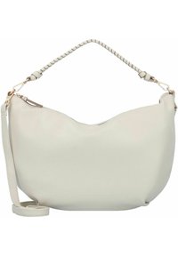 Cremefarbene Hobo-Tasche aus glattem, synthetischem Leder. Verfügt über einen geflochtenen Griff und einen verstellbaren Tragegurt, mit einer abgerundeten, weichen Silhouette.