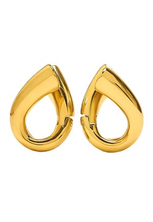 Kolczyki koła z polerowanego metalu w kolorze złota, o gładkim, łezkowatym kształcie i zapięciu na zawiasach.