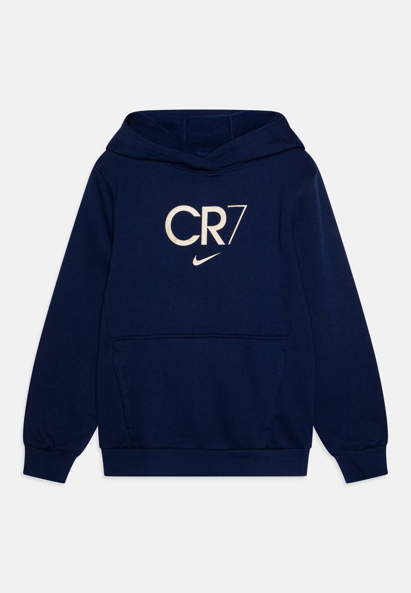 Granatowa bluza z kapturem z miękkiego materiału, z przednią kieszenią typy kangur oraz grafiką CR7 w kolorze kremowym i małym logo Nike.