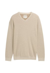 Beiger V-Ausschnitt-Pullover aus strukturiertem Strickstoff. Verfügt über lange Ärmel und einen gerippten Saum sowie Bündchen für einen komfortablen Sitz.