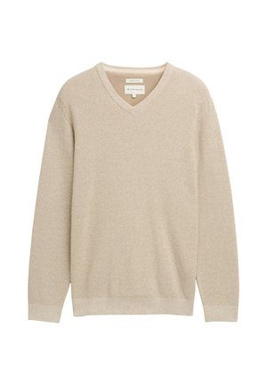 Pull en V beige fabriqué à partir d'un tissu tricoté texturé. Doté de manches longues et d'un ourlet et de poignets côtelés pour un ajustement confortable.
