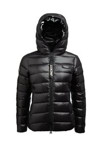 Giacca a vento nera lucida con cappuccio, zip frontale, logo sul petto e tirazip, progettata per il freddo.