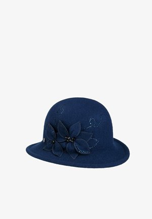 Marineblauer Filz-Cloche-Hut mit umgeschlagenem Rand, verziert mit dekorativen Filzblumen und kleinen Perlenapplikationen auf einer Seite.