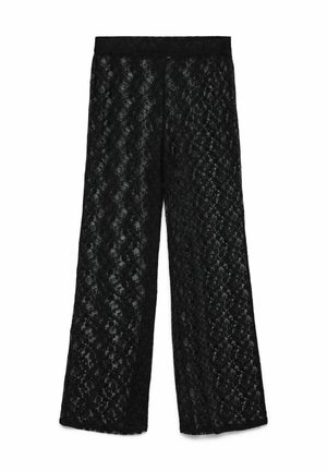 Pantalons larges en dentelle noire avec un motif floral, présentant une finition texturée et une taille élastique pour le confort et le style.