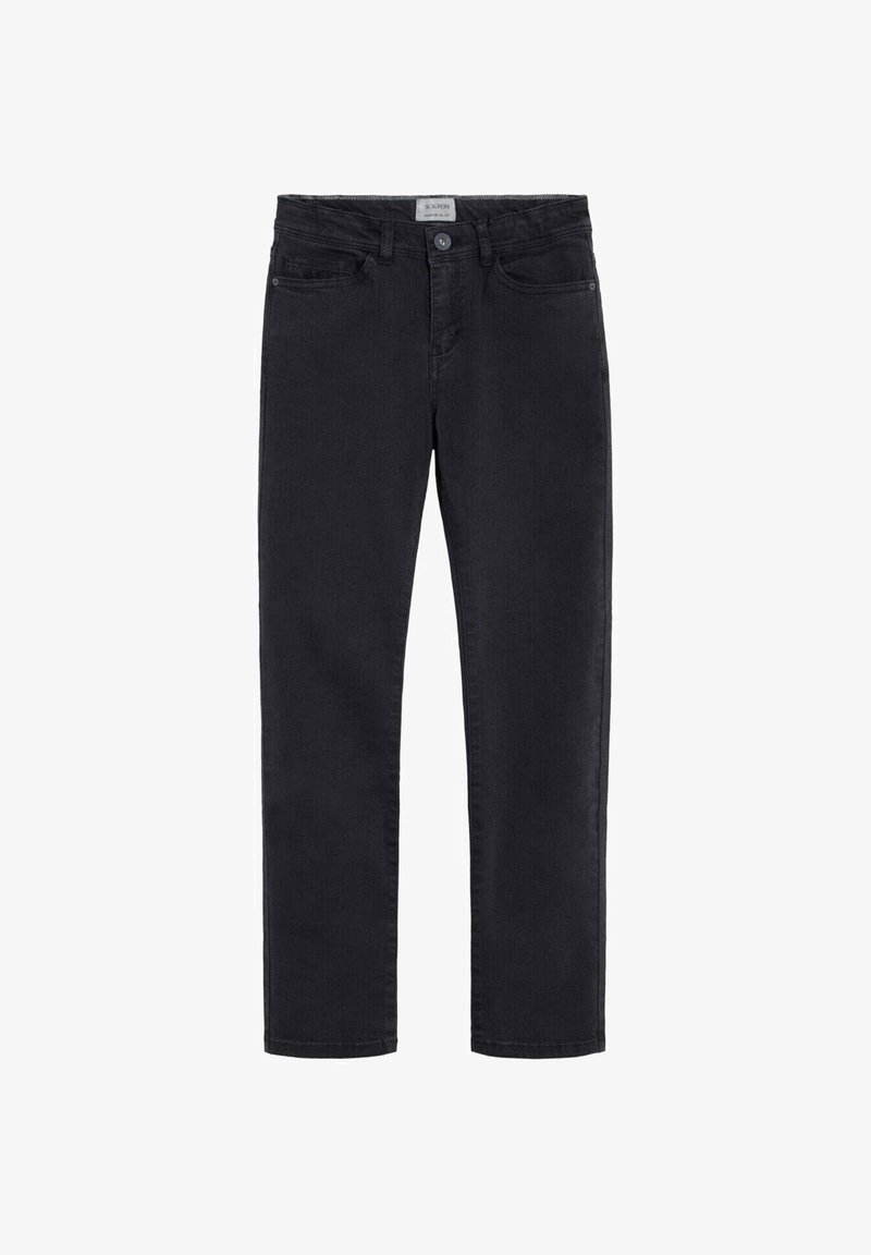 Jean noir slim avec cinq poches, fermeture à boutons et passants pour ceinture, présenté à plat sur un fond blanc.