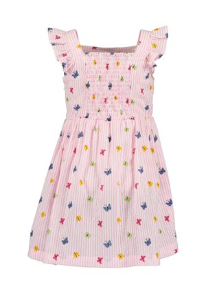 Vestito a righe rosa con corpetto arricciato, maniche corte con volant e stampe colorate di farfalle e fiori su tutta la superficie. Materiale in cotone.