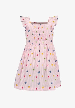 Lyserød stribet kjole med smocket bodice, korte flæseærmer og farverige sommerfugle- og blomsterprint over det hele. Fremstillet i bomuld.