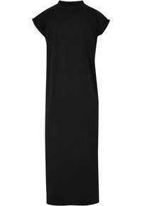 Longue robe noire avec manches courtes retroussées et col haut, présentée de dos sur fond blanc.
