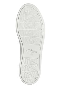Weiße Schuhsohle mit strukturierten diagonalen und wellenförmigen Mustern, mit der Marke "s.Oliver" und der Größe "37" in einem kreisförmigen Akzent.