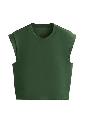 Sleeveless dark green cropped shirt with round neckline and structured shoulders, flat-lay on white background.
