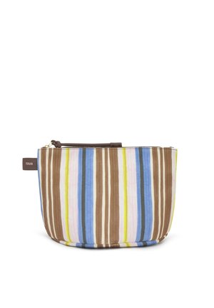 Piccola pochette di tessuto con strisce verticali in marrone, blu, giallo, rosa e bianco, con cerniera marrone e un'etichetta laterale con la scritta "TOUS".