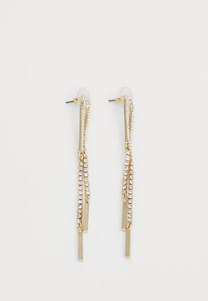 Auksiniai auskarai su elegantišku dizainu, apjungiančiu kabančius kristalų grandinėlės ir stačiakampius akcentus. Lygi apdaila su blizgiais paviršiais.