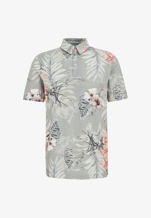 Lühikeste varrukatega polo särgil helesinise värvi triibuline muster, millel on pehme roosa ja rohelise tooni lilleline disain ning klassikaline kaelus.