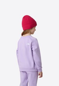 Lila Sweatshirt mit weicher Textur und gerippten Bündchen, versehen mit einem kleinen weißen Logo. Kombiniert mit einer hellpinkfarbenen, gerippten Mütze.