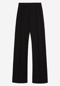 Pantalon noir à jambes larges avec une ceinture élastique et des coutures plissées à l'avant, posé à plat sur un fond blanc.