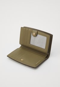 Olive green leather wallet with a snap closure, multiple card slots, transparent ID window, and gold-tone hardware accents.