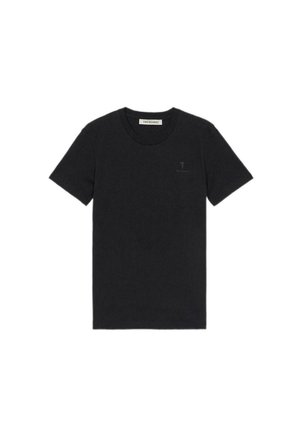 Schwarzes Baumwoll-T-Shirt mit kurzen Ärmeln und rundem Halsausschnitt. Besitzt ein dezentes, kleines Logo auf der linken Brust.