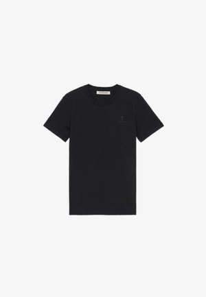 Schwarzes Baumwoll-T-Shirt mit kurzen Ärmeln und rundem Halsausschnitt. Besitzt ein dezentes, kleines Logo auf der linken Brust.