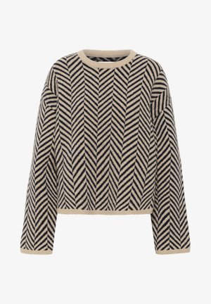 Bež pulover iz pletene tkanine z mornarsko modrim ribjim kostanjem, z ribanim izrezom in manšetami. Skrajšana dolžina z dolgimi, rahlo širokimi rokavi.