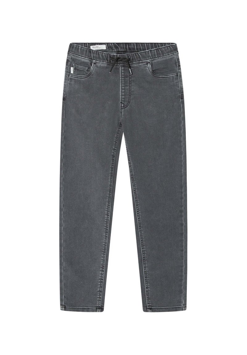 Joggers de mezclilla gris con cinturilla elástica, cordón ajustable y cuatro bolsillos. La tela presenta una textura suave y desgastada.