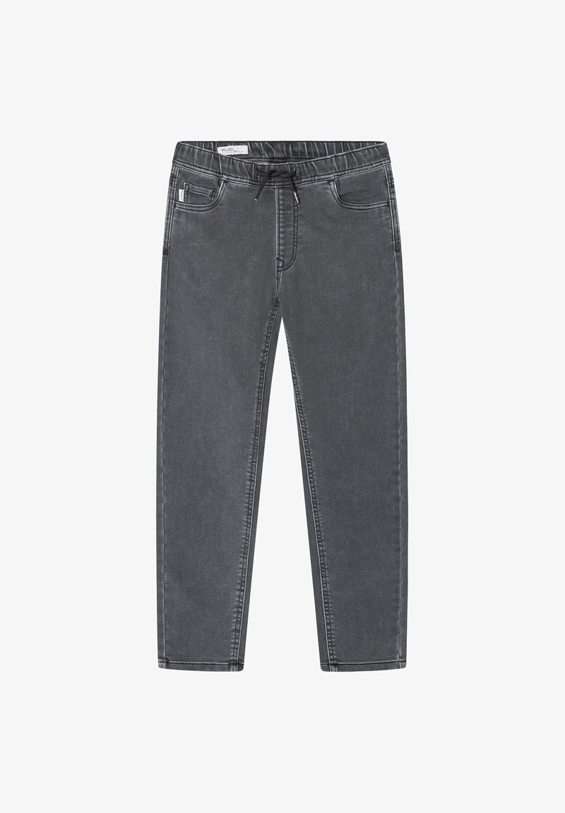 Pelēkie denima joggeri ar elastīgu jostasvietu, regulējamu auklu un četriem kabatām. Audumam ir maiga, nolietota tekstūra.
