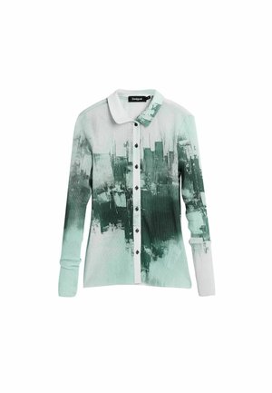Camicia a maniche lunghe con bottoni e trama a coste, colletto bianco, motivo astratto di paesaggio urbano verde e grigio sulla parte anteriore e sulle maniche.