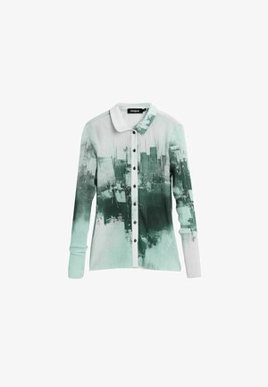 Camicia a maniche lunghe con bottoni e trama a coste, colletto bianco, motivo astratto di paesaggio urbano verde e grigio sulla parte anteriore e sulle maniche.