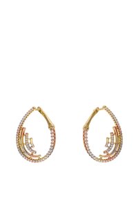 Aranyszínű csepp formájú fülbeval�ók, váltakozó sorokkal tiszta és rózsaarany kristályokból, ívelt kialakítással.