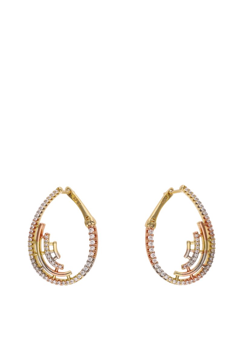 Aranyszínű csepp formájú fülbevalók, váltakozó sorokkal tiszta és rózsaarany kristályokból, ívelt kialakítással.