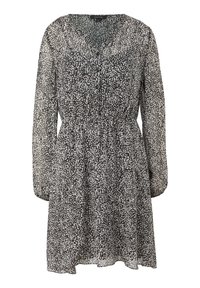 Zwart-wit, jurk met lange mouwen en een v-hals, een cinched taille en een vloeiende rok met een gestructureerd patroon.