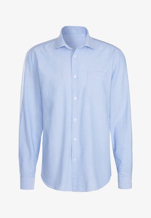 Himmelblaues Langarmhemd mit Knopfleiste aus leichtem Stoff, ausgestattet mit einer einzigen Brusttasche und klassischem Kragen mit Knopfverschluß.