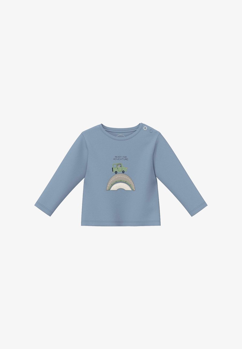 Chemise bébé à manches longues bleu clair avec pressions aux épaules, arborant une voiture verte et un arc-en-ciel avec le texte "Prêt pour l'aventure" sur le devant.