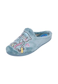 Zapatilla de felpa azul con un gato de dibujos animados, corazones rosas y el texto colorido "gatos" en la parte superior, estilo tipo slip-on con suela blanda.