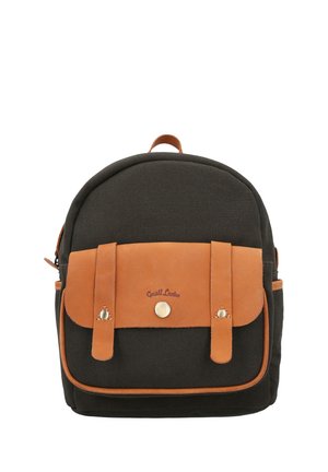 Black fabric backpack with tan leather front pocket flap secured by button and two straps, and a top handle loop.