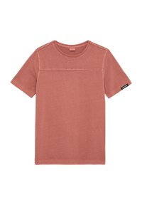 Korte mouwen t-shirt in stoffige roze katoen, met een gladde textuur, ronde halslijn en een gestikte horizontale baan over de borst.