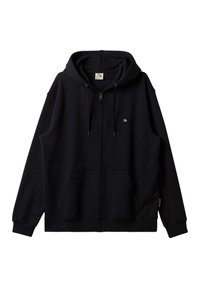 Sort zip-hoodie lavet af en blanding af bomuld, med en stor hætte, frontlommer, lille logo på brystet og ribbede manchetter.