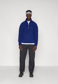Blauwe fleece pullover met een kwart rits, gecombineerd met donkergrijze broek en zwarte schoenen. Een grijze beanie en een paar goggles maken de look af.