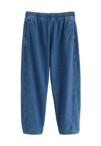 Pantaloni jogger blu con vita elasticizzata, tasche laterali e caviglie elastiche, realizzati in tessuto morbido e confortevole.