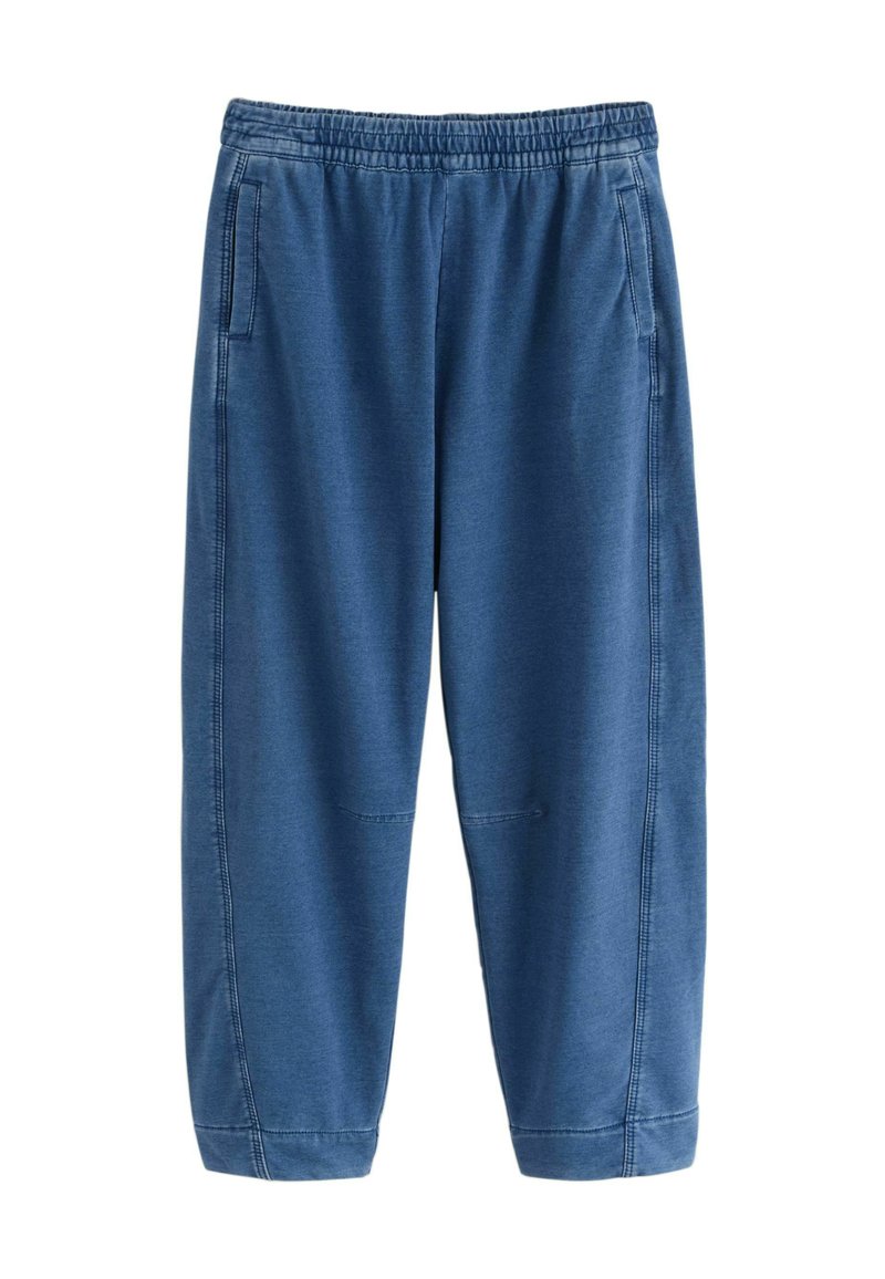 Pantaloni jogger blu con vita elasticizzata, tasche laterali e caviglie elastiche, realizzati in tessuto morbido e confortevole.