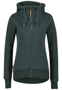 Groene ritskap met een zachte stof. Bevat een capuchon met trekkoord, voorzakken, geribde manchetten en een klein hartlogo.