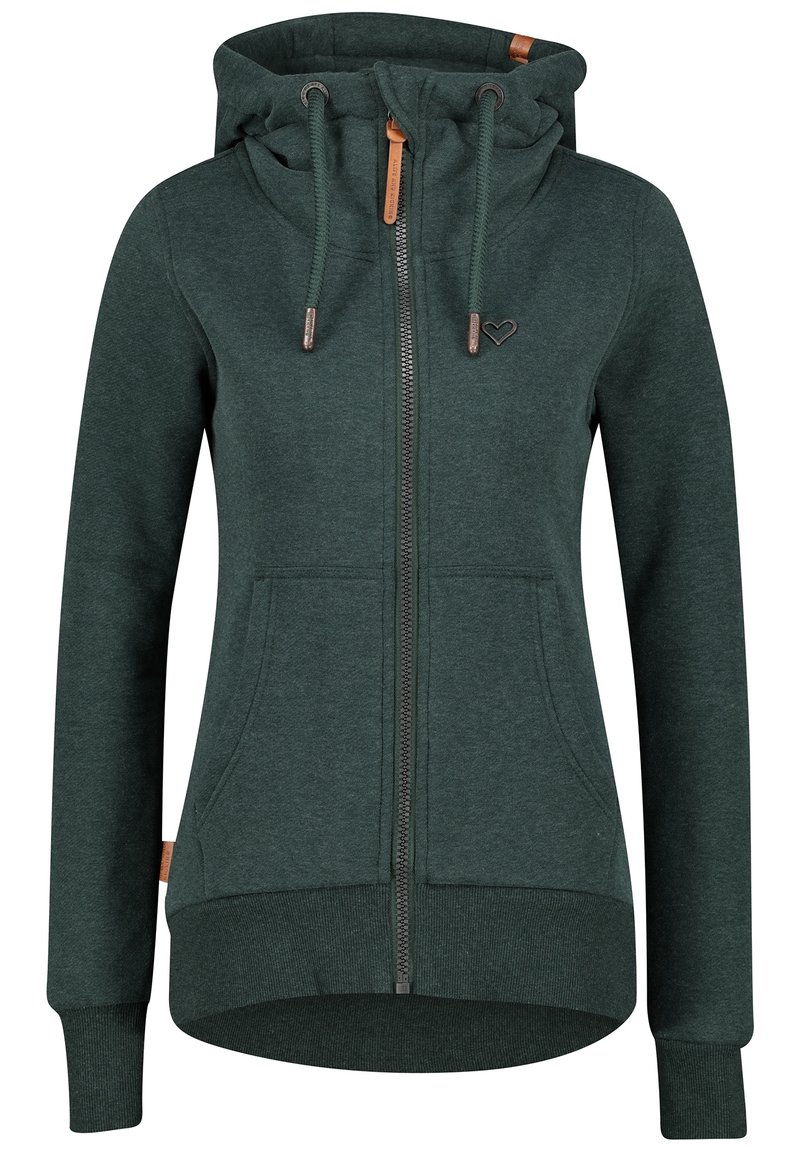 Groene ritskap met een zachte stof. Bevat een capuchon met trekkoord, voorzakken, geribde manchetten en een klein hartlogo.