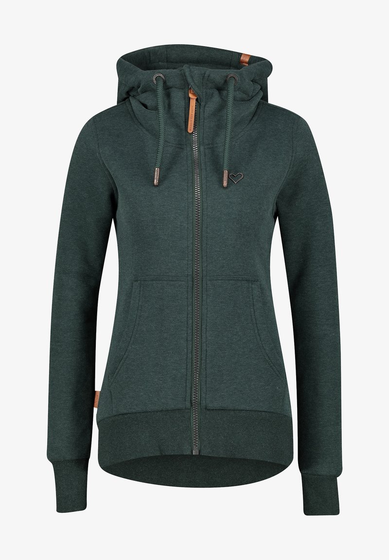 Groene ritskap met een zachte stof. Bevat een capuchon met trekkoord, voorzakken, geribde manchetten en een klein hartlogo.