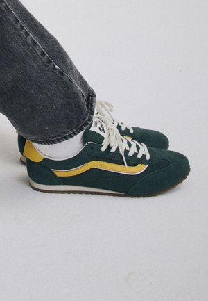 Person iført mørkegrønne og gule sneakers med hvide snørebånd, hvide sokker og mørkegrå denimjeans mod en ensfarvet baggrund.