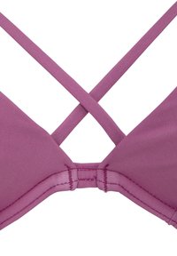 Violet bikinio viršus su kryžminiu dirželiu nugarinėje dalyje, pagamintas iš sklandžios medžiagos ir su tvarkingai siuvinėjimo detalėmis.