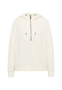 Felpa a pullover color avorio con mezza cerniera, cappuccio con cordino, tasca a marsupio e polsini e orlo a costine.