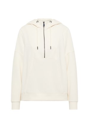 Felpa a pullover color avorio con mezza cerniera, cappuccio con cordino, tasca a marsupio e polsini e orlo a costine.