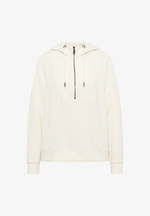 Pohodlná světlá mikina s kapucí a půlzipem, se stahovací šňůrkou, klokankovou kapsou a žebrovanými manžetami a lemem.