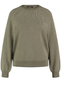 Maglione verde oliva con collo rotondo, maniche lunghe e polsini a costine. Presenta un rametto di strass decorativi sul davanti.