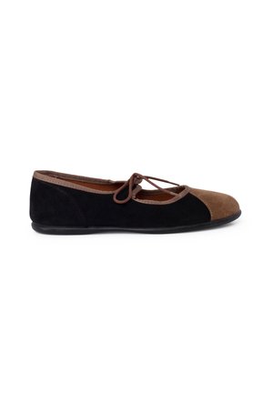 Black and brown suede ballet flats with a rounded toe, decorative laces, and a textured upper. The sole is flat and made of rubber.