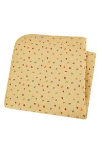 Gepatchte Decke in einem hellgelben Farbton mit einer weichen Textur. Sie hat ein verstreutes Muster aus kleinen roten, grünen und braunen Formen.